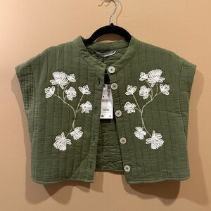 Zara Green Quilted Vest with White Floral Embroidery